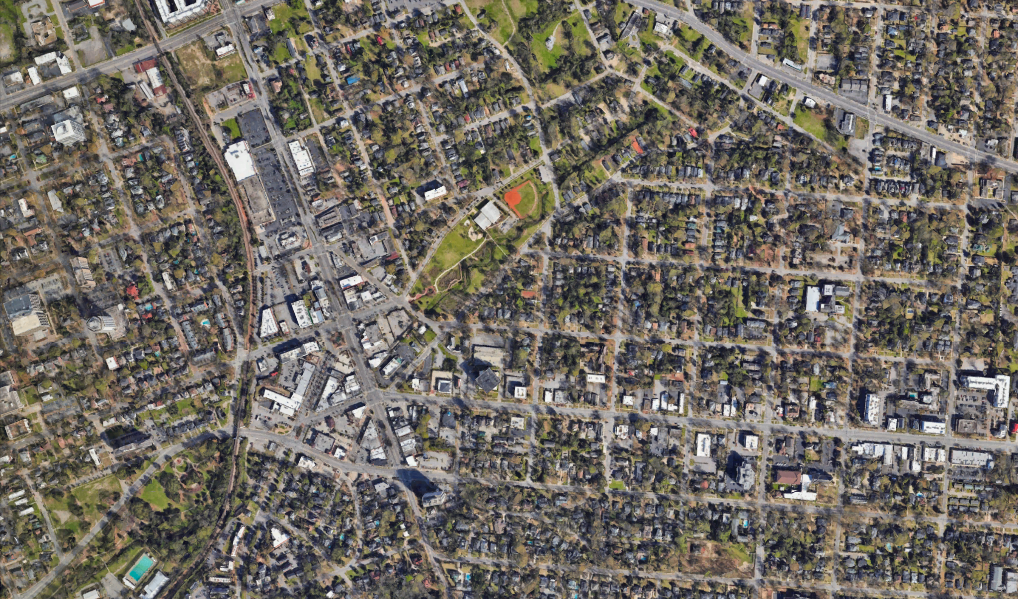 Aerial view of the Lower Waverly area and surrounding Columbia neighborhoods